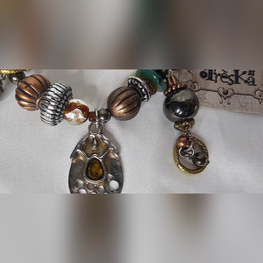 Vintage Treska Beaded Charm Stretch Bracelet -Mixed Metals & Amber Accents Boho - Picture 7 of 7